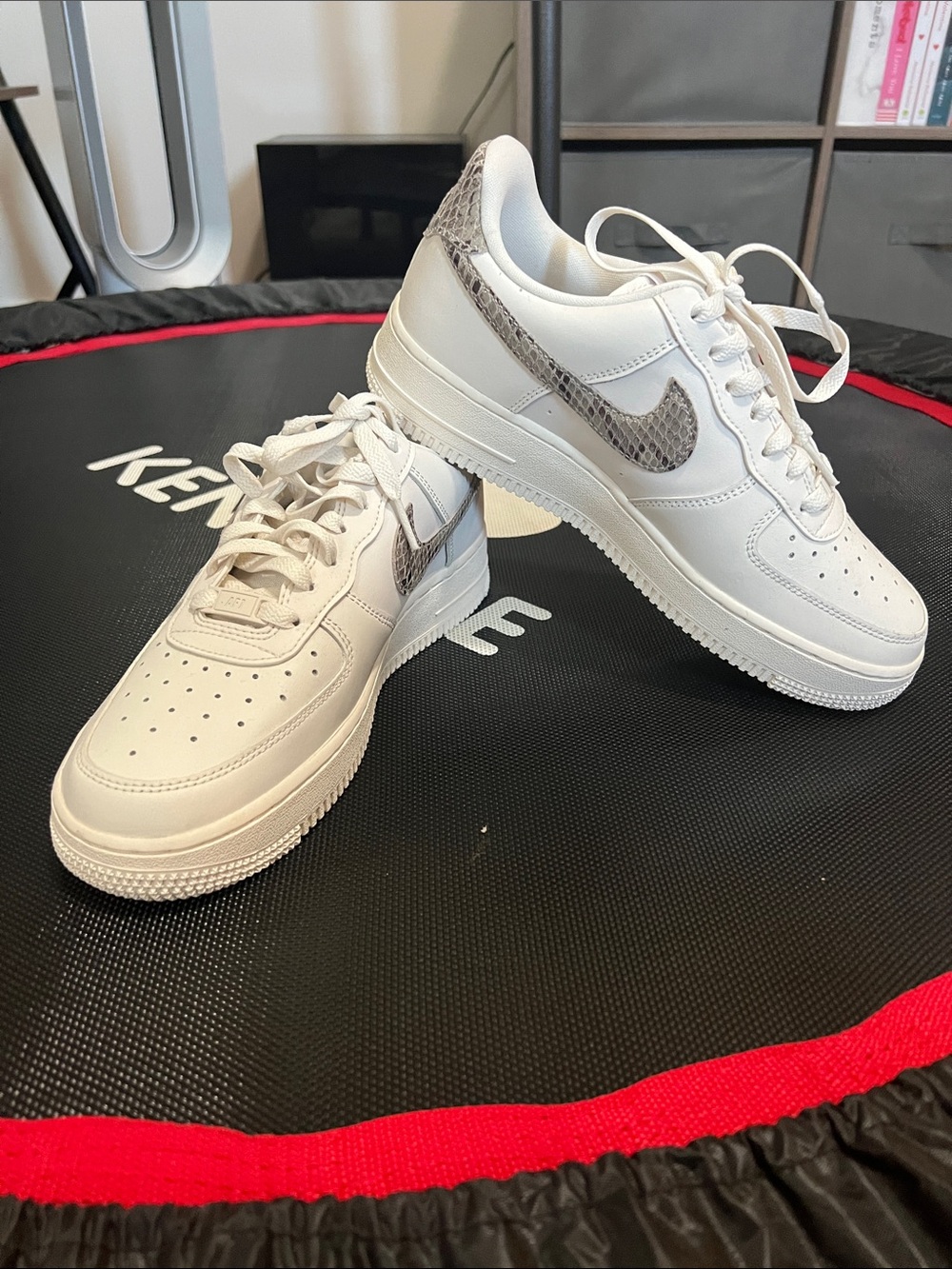 Nike women’s AirForce 1 Low-Top Sneakers White with Gray Snake Swoosh